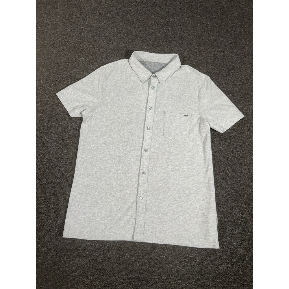 Vuori Ace Button Down Shirt Men's Medium Gray Performance Knit Short Sleeve